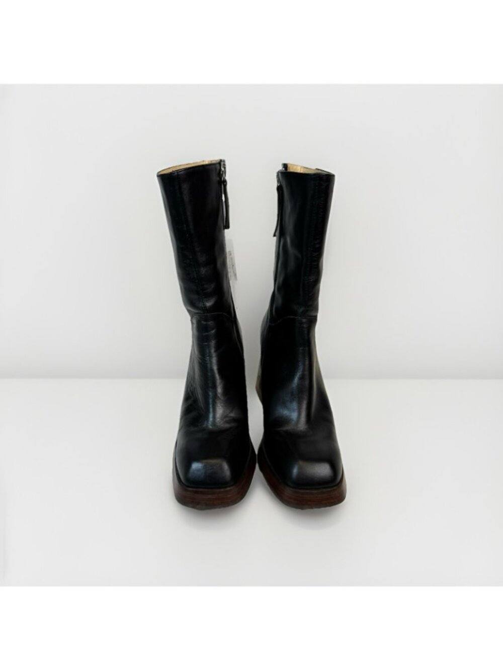 Ana Palma Mid Calf Leather Boots Black Block Heel Square Toe 90s Size 38 US 7 - Picture 2 of 12